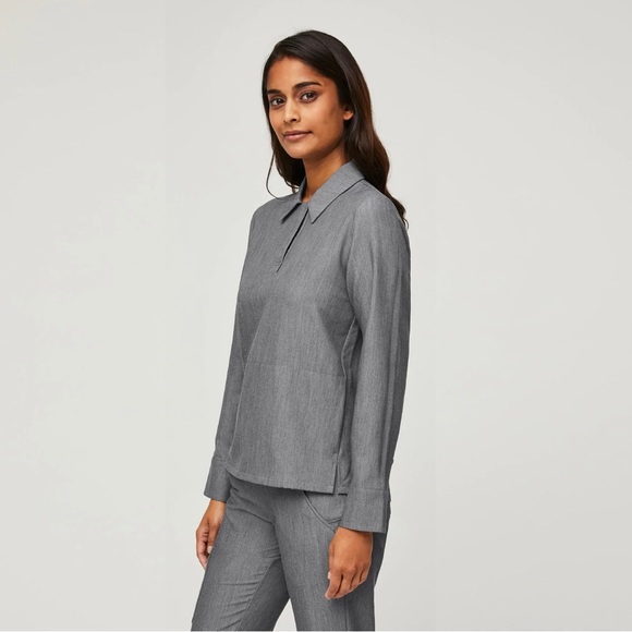Figs Nala Long Sleeve Scrub Polo Top Graphite Gray Technical Collection